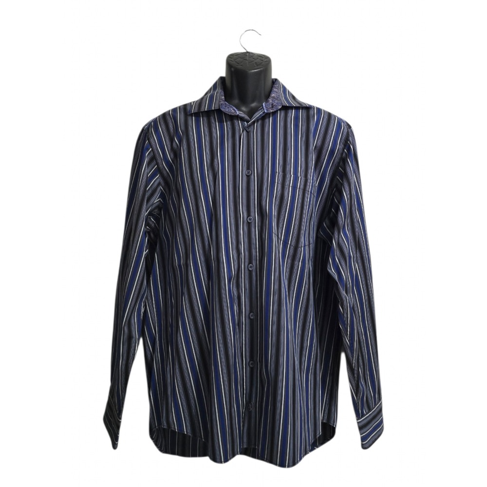 Bugatchi Uomo Contrasting Cuff Striped Long Sleeve Dress Shirt Sz L